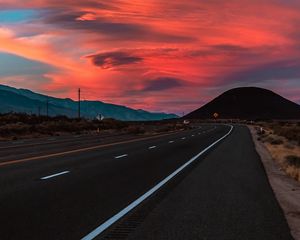 Preview wallpaper road, asphalt, sunset, hills, nature