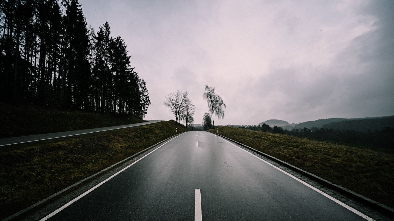 Wallpaper road, asphalt, trees, sky