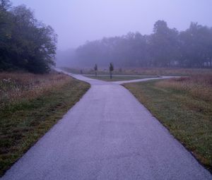 Preview wallpaper road, asphalt, trees, fog, bushes