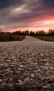 Preview wallpaper road, asphalt, trees, dusk, nature