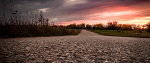 Preview wallpaper road, asphalt, trees, dusk, nature