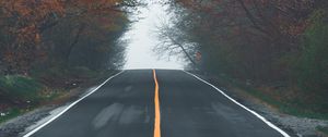 Preview wallpaper road, asphalt, trees, fog