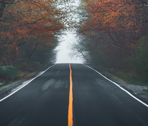 Preview wallpaper road, asphalt, trees, fog