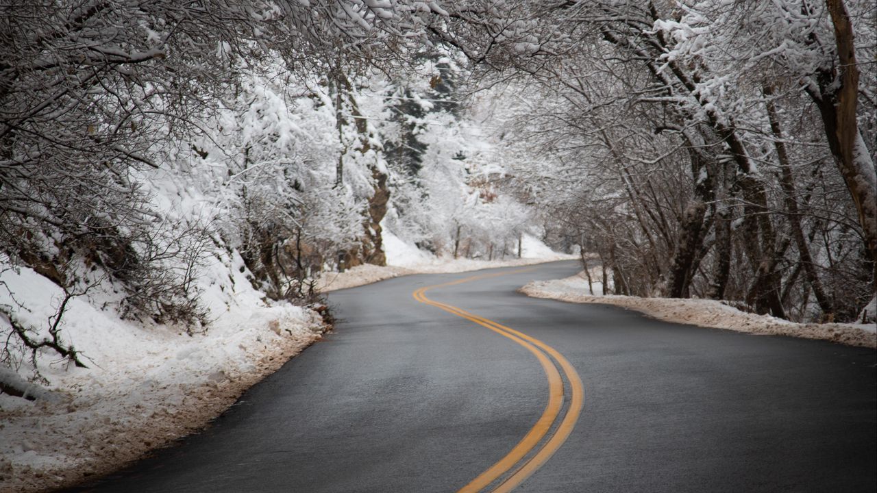 Wallpaper road, asphalt, turn, trees, snow, winter