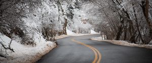 Preview wallpaper road, asphalt, turn, trees, snow, winter