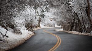 Preview wallpaper road, asphalt, turn, trees, snow, winter