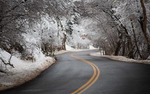 Preview wallpaper road, asphalt, turn, trees, snow, winter