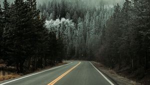 Preview wallpaper road, asphalt, turn, forest, trees, snow, winter