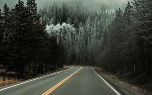 Preview wallpaper road, asphalt, turn, forest, trees, snow, winter