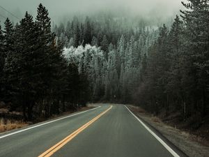 Preview wallpaper road, asphalt, turn, forest, trees, snow, winter