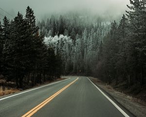 Preview wallpaper road, asphalt, turn, forest, trees, snow, winter