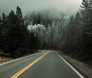 Preview wallpaper road, asphalt, turn, forest, trees, snow, winter