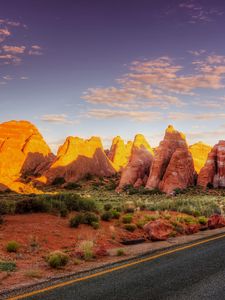 Preview wallpaper road, asphalt, turn, canyon, light, shadows