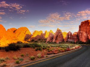 Preview wallpaper road, asphalt, turn, canyon, light, shadows