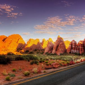 Preview wallpaper road, asphalt, turn, canyon, light, shadows