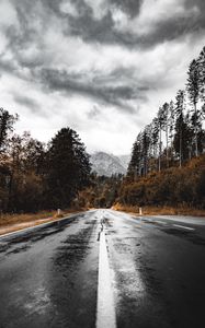 Preview wallpaper road, asphalt, wet, forest, mountains