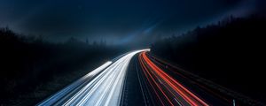 Preview wallpaper road, backlight, long exposure, movement, turn, night