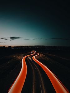 Preview wallpaper road, backlight, night, winding, dark