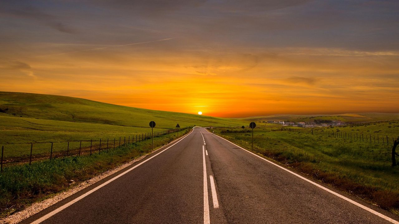 Wallpaper road, bending, marking, sunset, sky