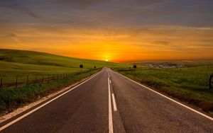 Preview wallpaper road, bending, marking, sunset, sky