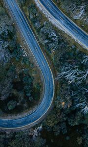 Preview wallpaper road, bends, trees, forest, aerial view