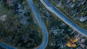 Preview wallpaper road, bends, trees, forest, aerial view