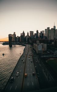 Preview wallpaper road, bridge, city, evening