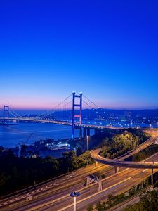 Preview wallpaper road, bridge, coast, night city, hong kong