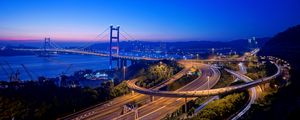 Preview wallpaper road, bridge, coast, night city, hong kong