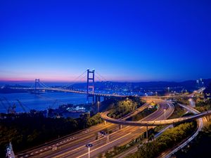 Preview wallpaper road, bridge, coast, night city, hong kong