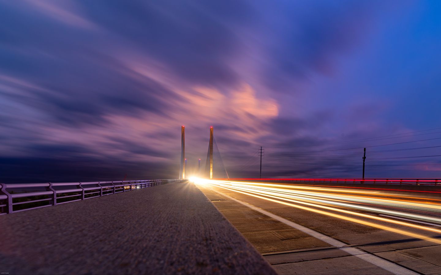 1440x900 Wallpaper road, bridge, glow, freezelight, sky