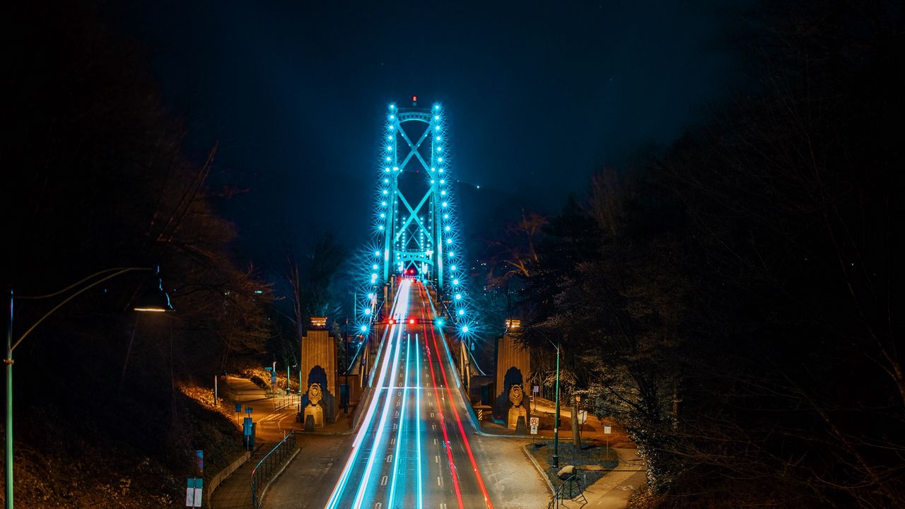 Wallpaper road, bridge, long exposure, neon, stripes