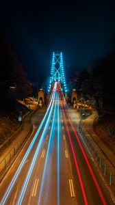 Preview wallpaper road, bridge, long exposure, neon, stripes