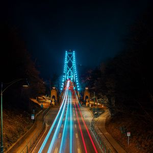 Preview wallpaper road, bridge, long exposure, neon, stripes