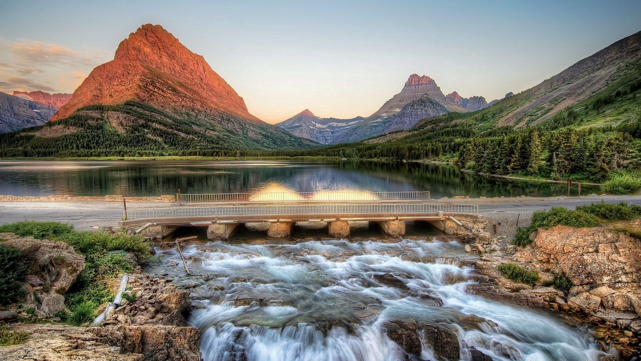 Wallpaper road, bridge, river, source, current, stones, mountains, landscape