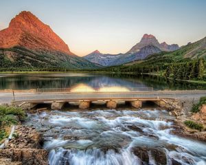 Preview wallpaper road, bridge, river, source, current, stones, mountains, landscape