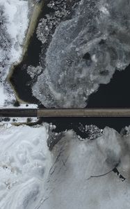Preview wallpaper road, bridge, river, ice, snow, winter, aerial view