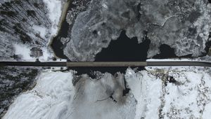 Preview wallpaper road, bridge, river, ice, snow, winter, aerial view