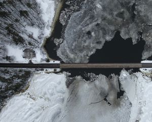 Preview wallpaper road, bridge, river, ice, snow, winter, aerial view
