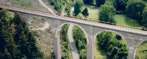 Preview wallpaper road, bridge, trees, forest, car