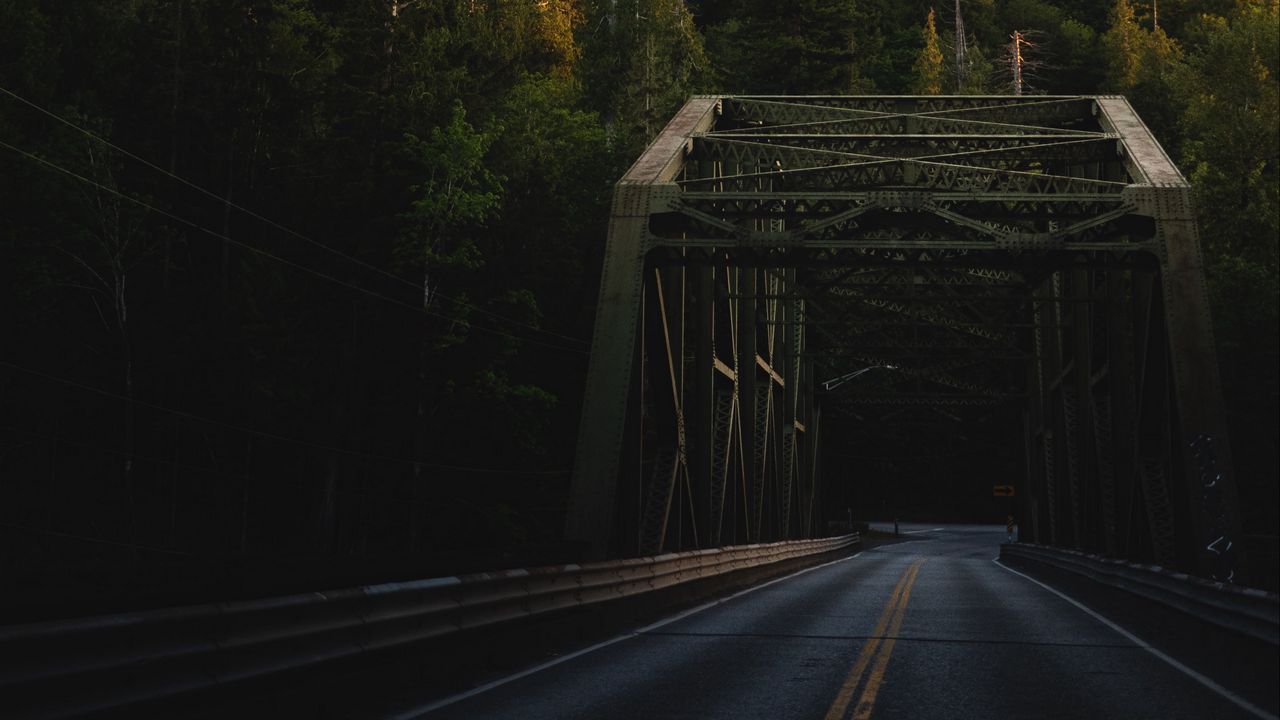 Wallpaper road, bridge, trees, mountains, landscape hd, picture, image