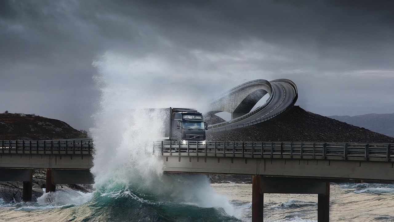 Wallpaper road, bridge, truck, splashes, sea, storm
