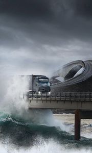 Preview wallpaper road, bridge, truck, splashes, sea, storm