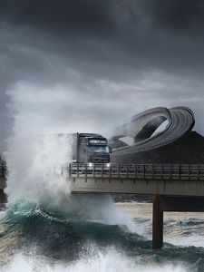 Preview wallpaper road, bridge, truck, splashes, sea, storm