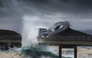 Preview wallpaper road, bridge, truck, splashes, sea, storm