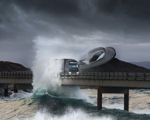 Preview wallpaper road, bridge, truck, splashes, sea, storm