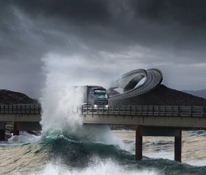 Preview wallpaper road, bridge, truck, splashes, sea, storm