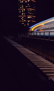 Preview wallpaper road, building, lights, glow, long exposure, night