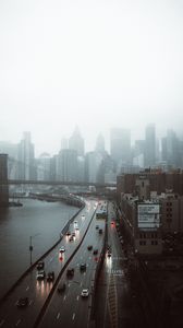 Preview wallpaper road, buildings, aerial view, city, fog