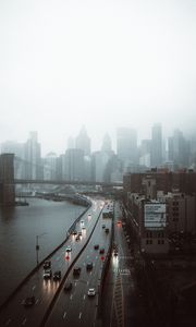 Preview wallpaper road, buildings, aerial view, city, fog